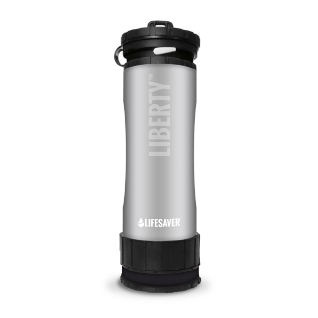 Carica immagine in Galleria Viewer, Silver water bottle with black lid and &#39;Lifesaver&#39; branding on a white background
