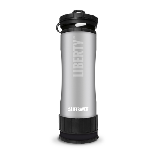 Silver water bottle with black lid and 'Lifesaver' branding on a white background