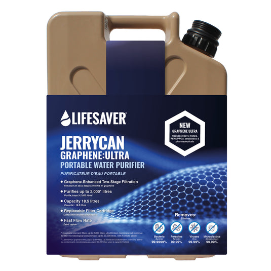 Tan Lifesaver Jerrycan Graphene-Ultra portable water purifier on a white background