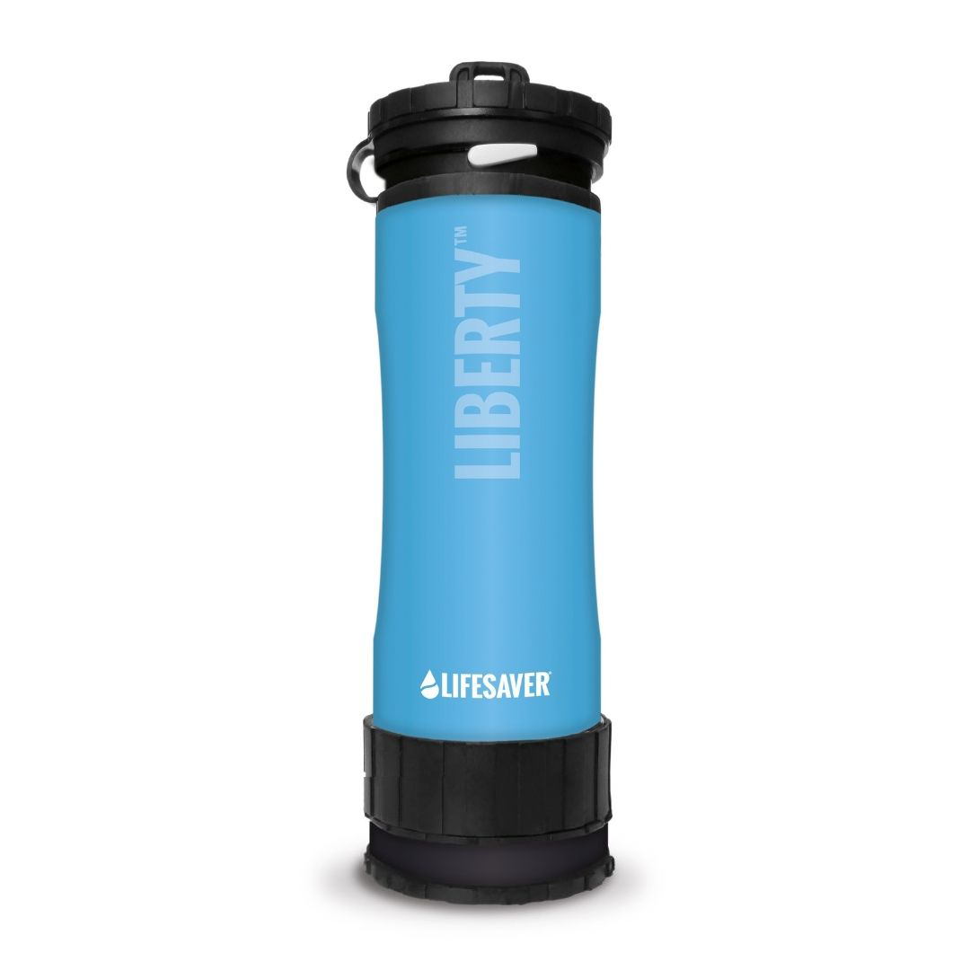 Blue Liberty water bottle with black cap on a white background