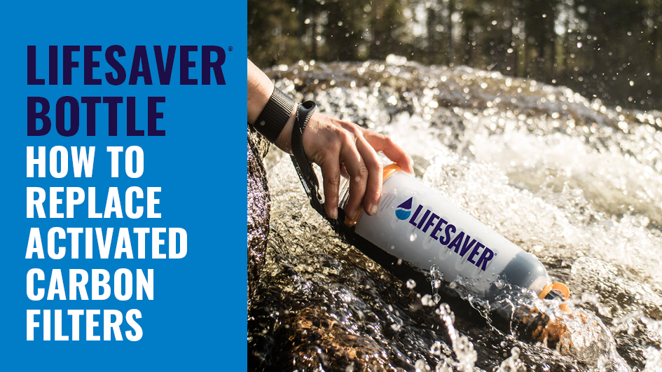 How to replace a carbon filter video front page showing a LifeSaver Bottle being filled from a river