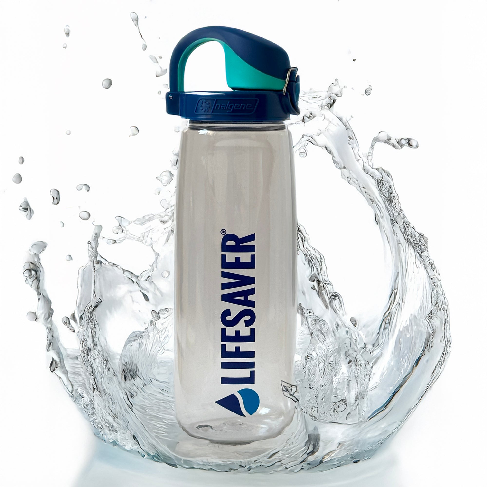 A LifeSaver Nalgene bottle splashing into water