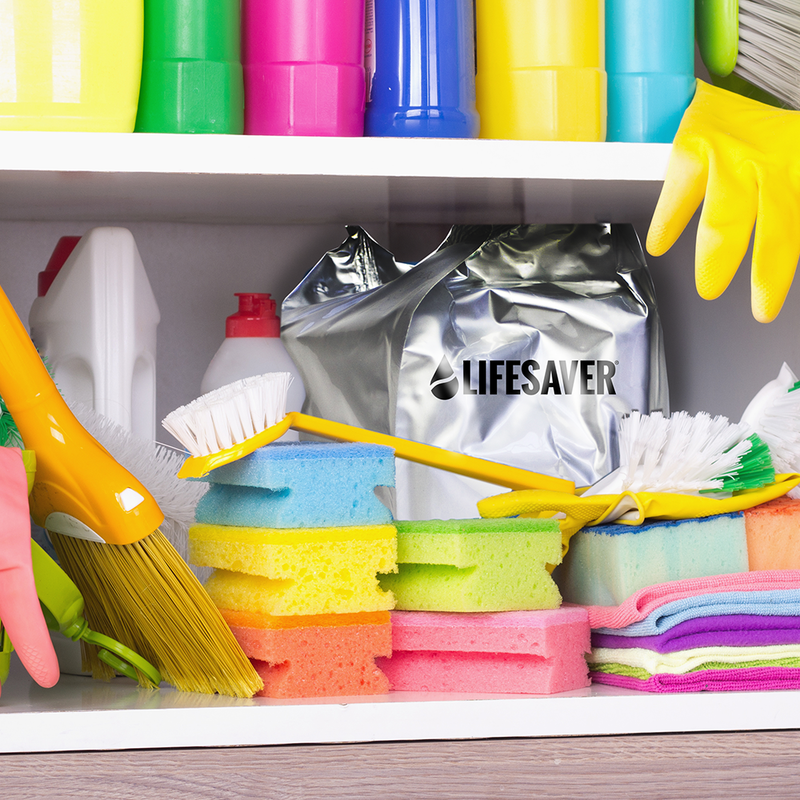 Carica immagine in Galleria Viewer, Cleaning supplies including sponges, brushes, and a foil-wrapped LifeSaver Cube on a shelf.
