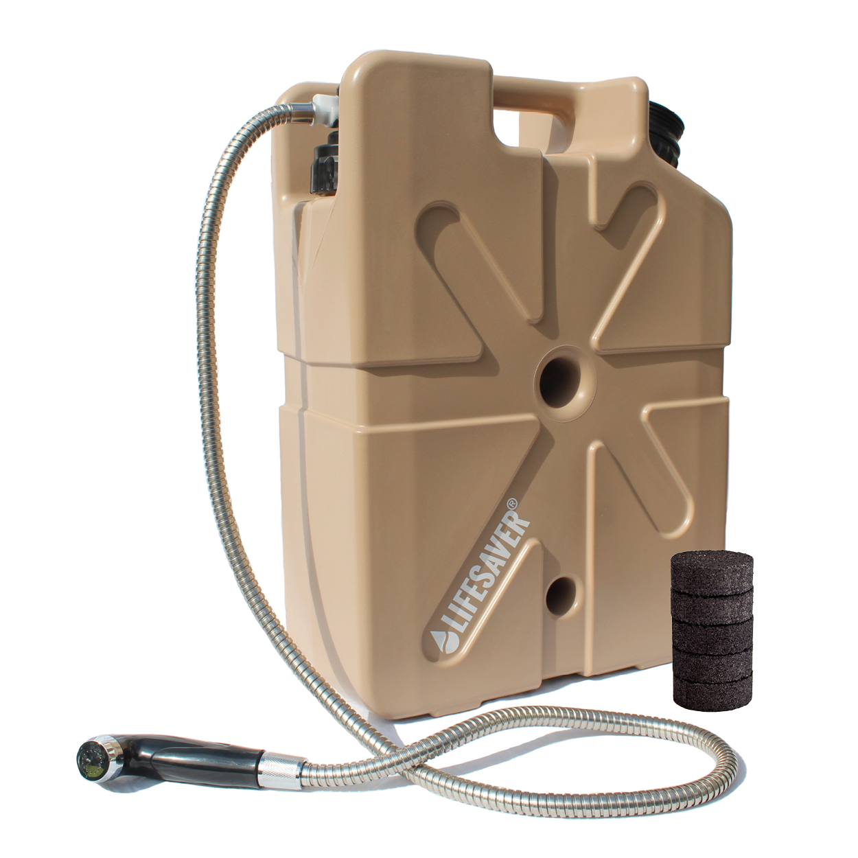 Beige water filter with hose and filter on a white background