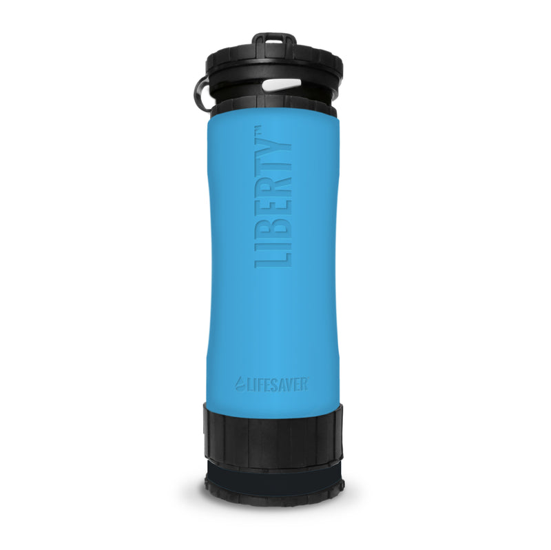 Load image into Gallery viewer, Blue water filter bottle with black lid on a white background
