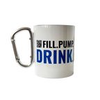 White mug with carabiner handle featuring 'Fill. Pump. Drink.' text on a white background