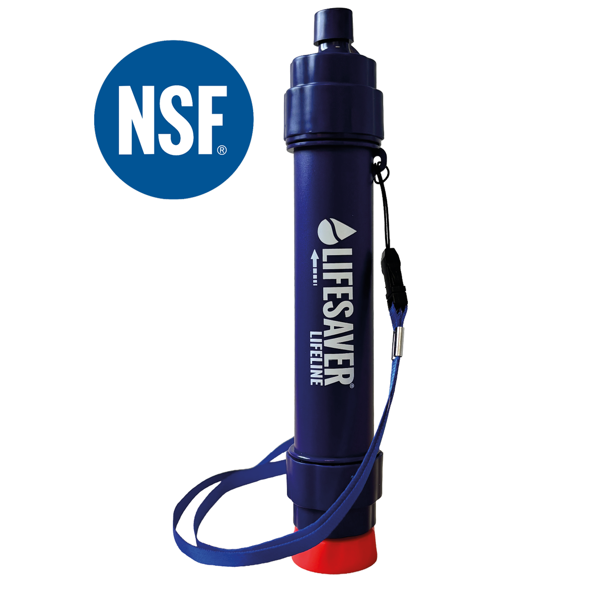 Blue water filter with 'Lifesaver Lifeline' branding and NSF logo on a white background